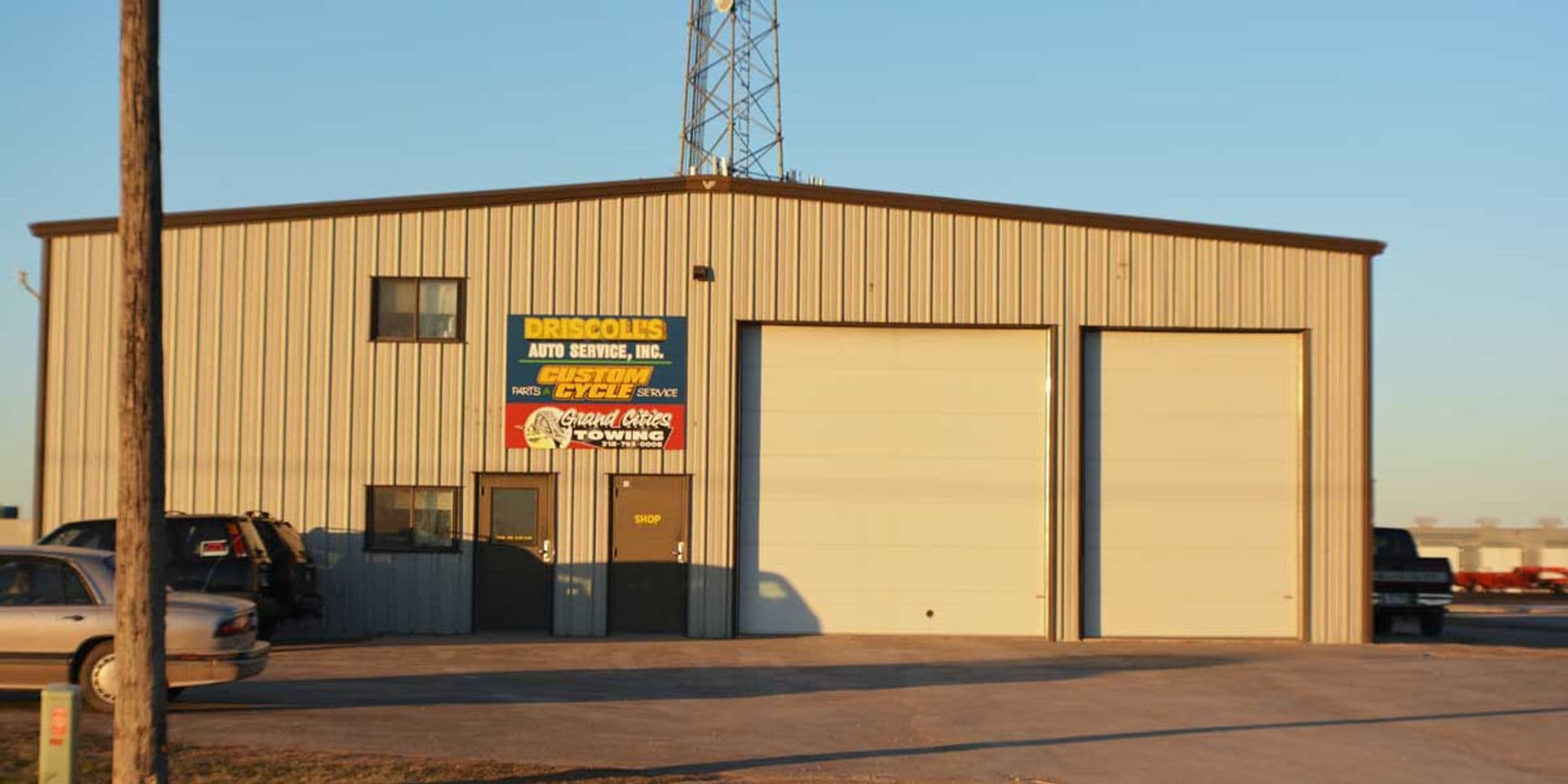 The Driscoll's Auto Service shop building, with its two overhead service doors, in East Grand Forks, MN